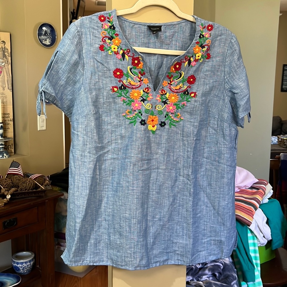 Talbots Blue Chambray Embroidered V-Neck Blouse with Multicolor Floral Detail